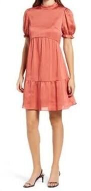 CHI CHI LONDON Satin Smock Dress Size 6 NEW Rust Red Orange Puff Sleeve